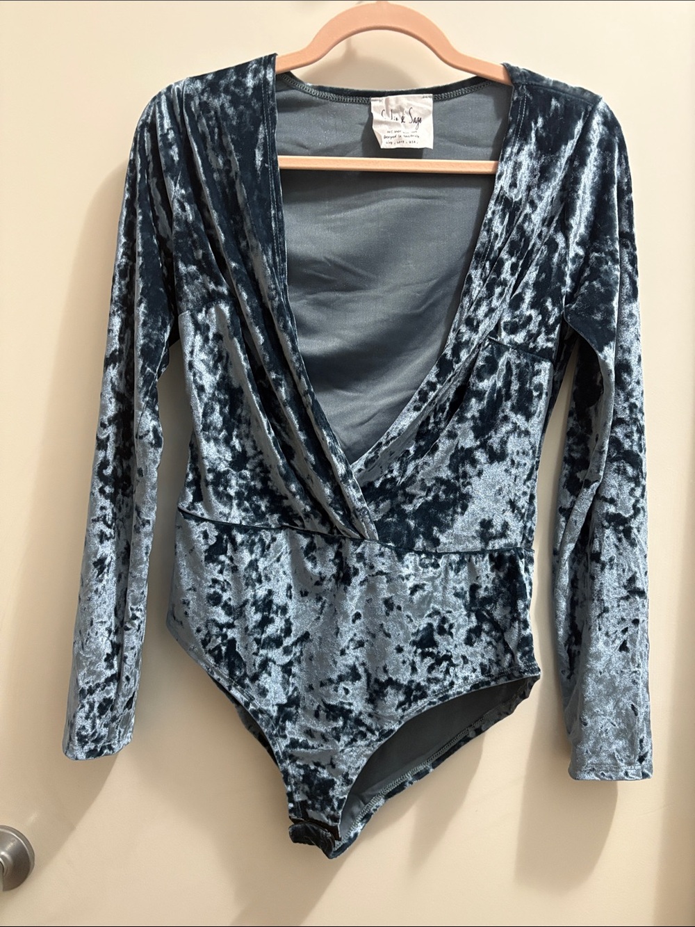 Sadie & Sage Crushed Velvet Long-Sleeve Bandeau Bodysuit - Slate Blue